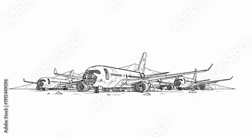 A line of abandoned airplanes rests on a desolate, rocky landscape