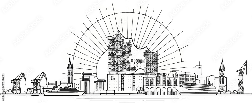 Fototapeta premium A monochrome architectural sketch of a city skyline with industrial elements