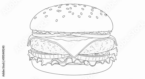 A monochromatic line drawing of a fully assembled, multi-layered burger with sesame seeds on the bun