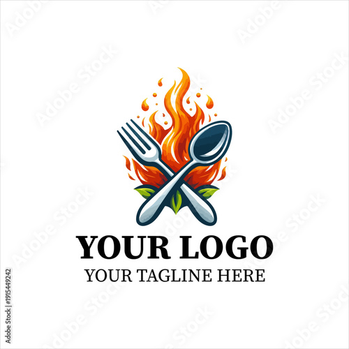 Fire Spoon and Fork Logo Vector – Modern BBQ Restaurant Flame Cutlery Icon for Culinary Brand Design