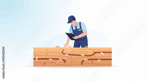 A person in uniform inspects wood infested with tiny white insects