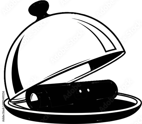 A serving dish is open, revealing a black device