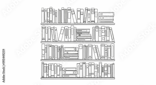 A line drawing of four shelves filled with various books
