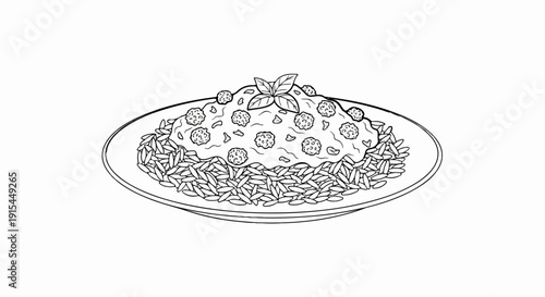A monochrome drawing of a round plate filled with rice and topped with meatballs in sauce and basil