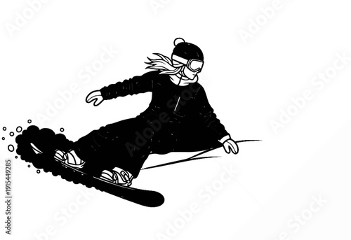 A person in winter attire snowboarding down a snowy slope, kicking up snow