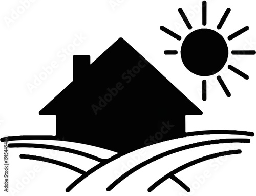 A silhouette of a house sits on rolling hills under a bright sun