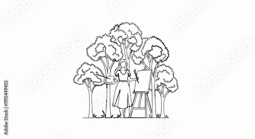 A person paints outdoors among trees, holding a palette and brushes