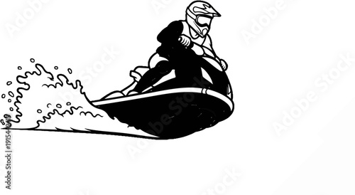 A person on a personal watercraft speeds through wavy water, creating spray