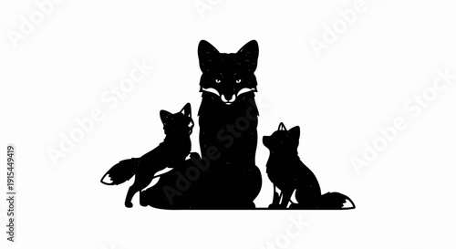 A silhouette of a parent fox with two smaller foxes