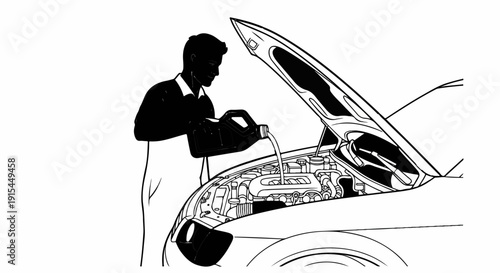 A person pours liquid from a container into a car engine compartment