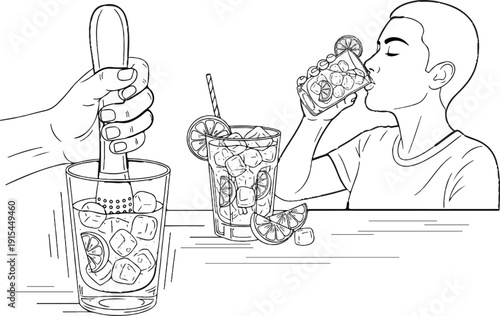 A person sips a refreshing drink while another prepares one with ice and fruit
