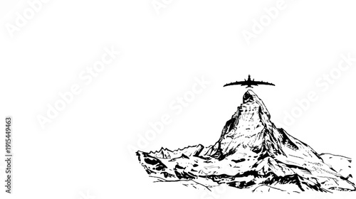 A silhouetted aircraft hovers above a detailed, snow-capped mountain peak