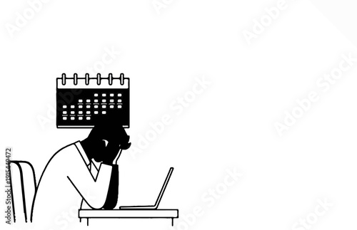 A silhouetted person sits at a desk, head in hands, with a laptop and calendar