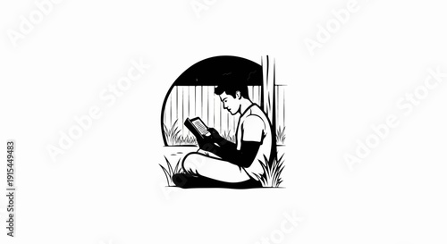 A person sits outdoors reading on a tablet