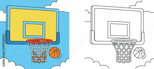 Basketball Hoop and Ball Illustration with Line Art Version for Coloring Book, Outdoor Sports Activity Vector Design for Kids and Hobbies