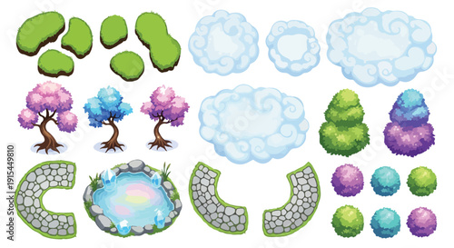 Vector pixel art game assets featuring green grass patches, fluffy white clouds, vibrant pink and blue cherry blossom trees, stone paths, a shimmering pond, and colorful bushes