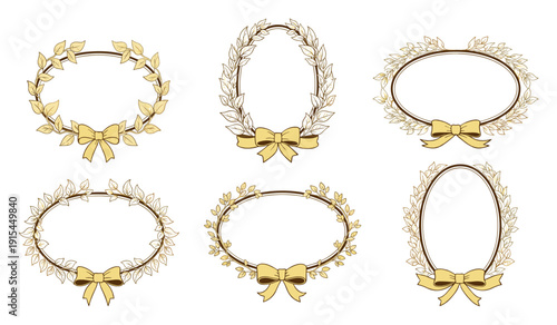 Laurel wreath frame vector set in gold with ribbon bows for luxury cards
