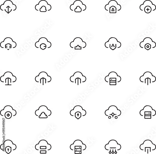 Cloud hosting line editable icon set. Containing cloud storage, cloud computing, data backup, cloud server, file sync, and more.