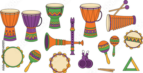 Traditional Ethnic Musical Instrument Set Featuring Djembe Drums Maracas Tambourines Flute and Percussion Tools for Cultural Music and World Sound Design Projects