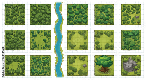 Top-down vector game tileset featuring various green forest sections, a winding blue river, and a large isolated tree with rocks, suitable for map creation.