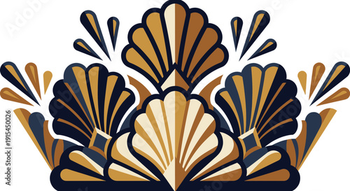 Art deco fanburst ornament in navy and gold, symmetrical shell motifs and sunray splashes, roaring twenties glamour geometry, decorative corner flourish, bold vintage trim