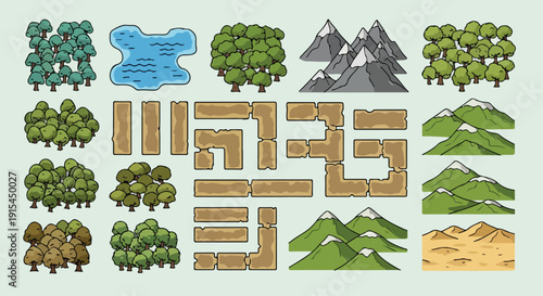 Pixel art vector game assets featuring various green trees, snow-capped mountains, a blue lake, and brown dirt paths, isolated on a light mint background.