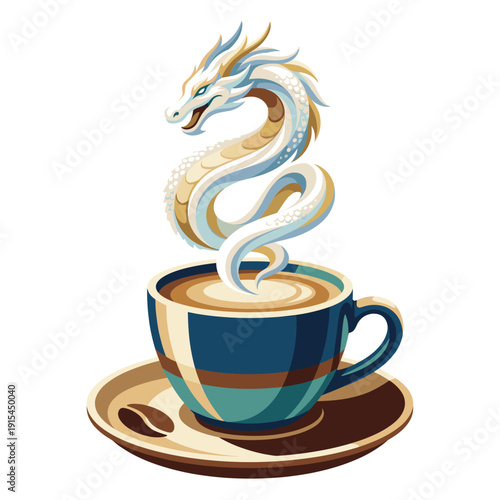Porcelain coffee cup icon, dragon shaped steam swirl rising from crema, teal navy mug on saucer, mythical cafe mood, elegant fantasy brew mark, smooth tonal shading, aroma glow