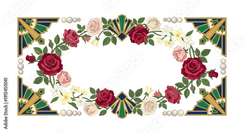 Art deco floral border of red and blush roses, pearl accents and geometric corner fans in navy gold green, ornate symmetrical ornament band surrounding clean center space