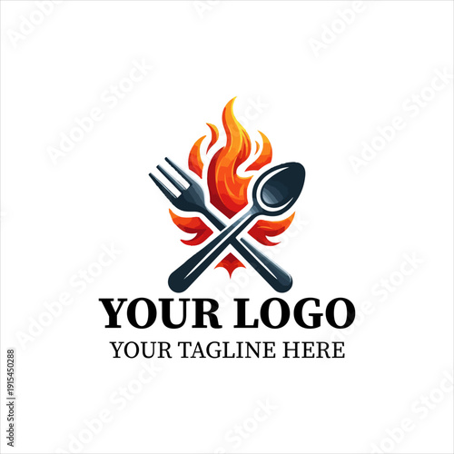 Fire Spoon and Fork Logo Vector – Modern BBQ Restaurant Flame Cutlery Icon for Culinary Brand Design