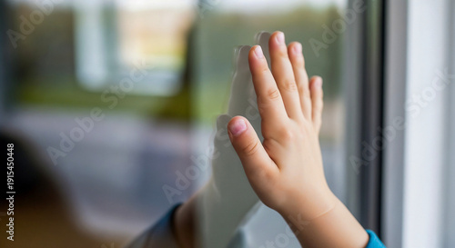 Toddler’s hand on window glass symbolizing curiosity and discovery