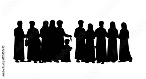 Silhouettes of people in traditional attire standing together in a group formation