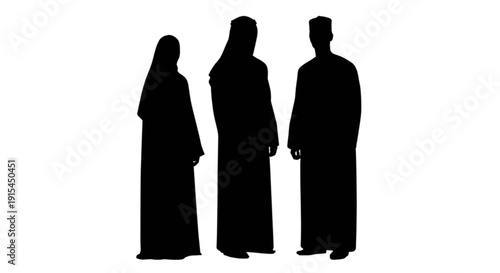 Silhouettes of three individuals dressed in traditional attire standing together.