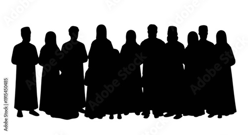 Group of diverse individuals standing closely together in silhouette form
