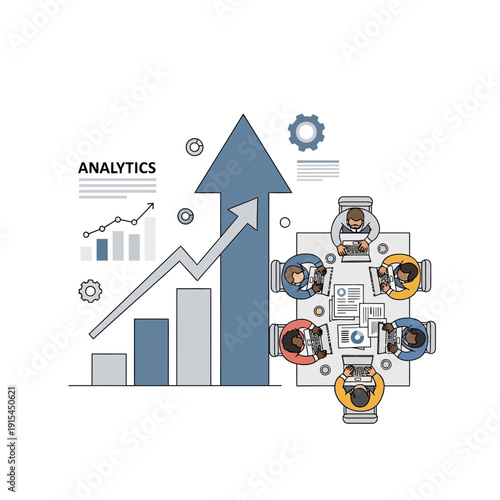 Business analytics meeting, growth chart, data analysis, team collaboration, strategy planning