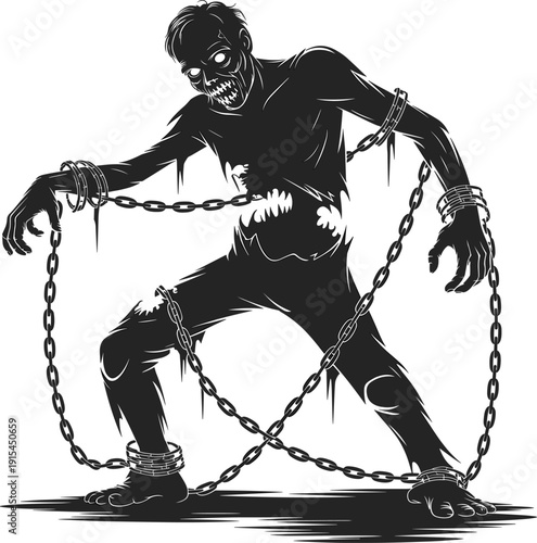 Chained zombie silhouette illustration, scary undead monster in shackles isolated on white background Halloween horror vector design