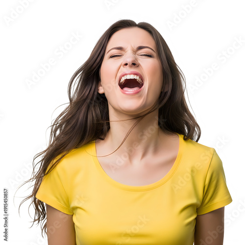 Angry young woman shouting loud isolated on transparent background