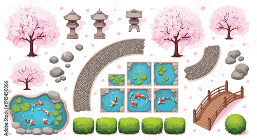 Vector top-down Japanese garden elements with pink cherry blossom trees, koi ponds, stone lanterns, curved paths, and a wooden bridge, isolated on a white background.