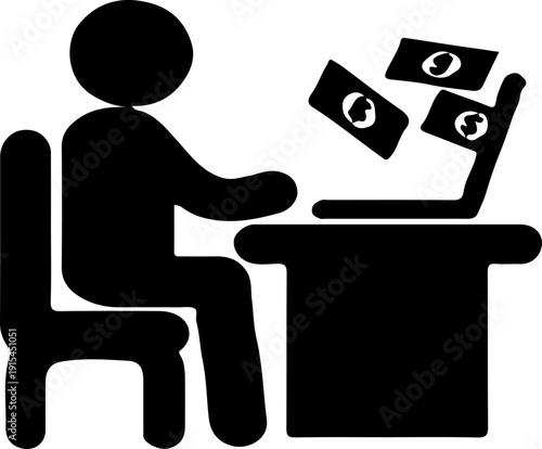 Vector silhouette of a person sitting at a desk, typing on a laptop with dollar bills flying out, isolated on transparent background.