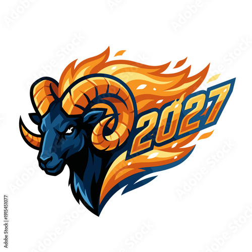 Fire Goat 2027 racing emblem, cobalt ram head mascot, heavy curled horns, blazing orange trail, bold numerals, lunar new year energy, dynamic esports crest vibe, ember sparks