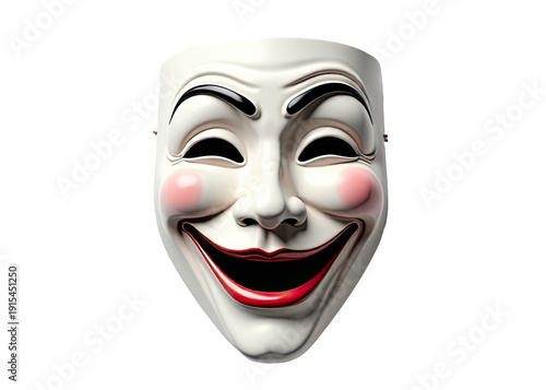 A white mask with a smile painted on it, suitable for use in various contexts such as masquerade parties, Halloween decorations, or even as a prop for theater productions