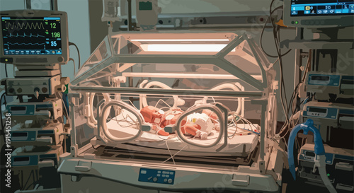 Newborn baby in an incubator surrounded by advanced medical equipment in a hospital's neonatal intensive care unit (NICU), symbolizing delicate beginnings and critical care.
