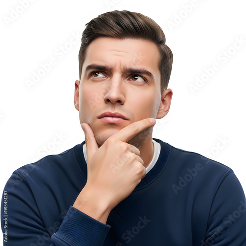 Thoughtful man looking up thinking about idea isolated on transparent background