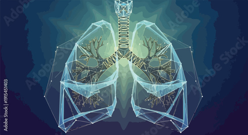 Futuristic digital illustration of human lungs and respiratory system, depicted with a glowing geometric mesh. Symbolizes medical technology, health, and scientific research.