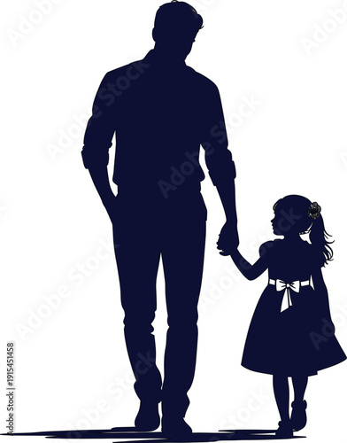 Stylized black silhouette vector illustration of a father walking hand-in-hand with his young daughter, representing family bond, parental love, and childhood journey