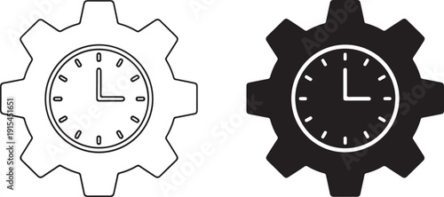 Black and white gear shaped clocks with hour and minute hands time