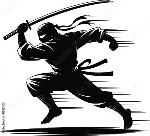 Dynamic Silhouette of a Warrior in Motion, Brandishing a Sword in a Striking, Artistic Representation