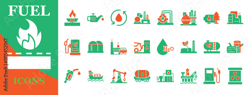 Editable 2 Color Fuel and Energy Icon Set. Oil, Gas, Nuclear, Renewable Eco Power, Factory, and Petroleum Industry Vector Symbols for Web and Graphic Design.