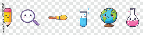 Smiling Education and Science Tools Cute Pencil, Globe, Test Tube, Paintbrush, Magnifier and Flask Vector Set
