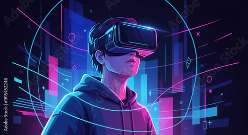 Young man wearing vr headset in futuristic neon lit environment with digital graphics