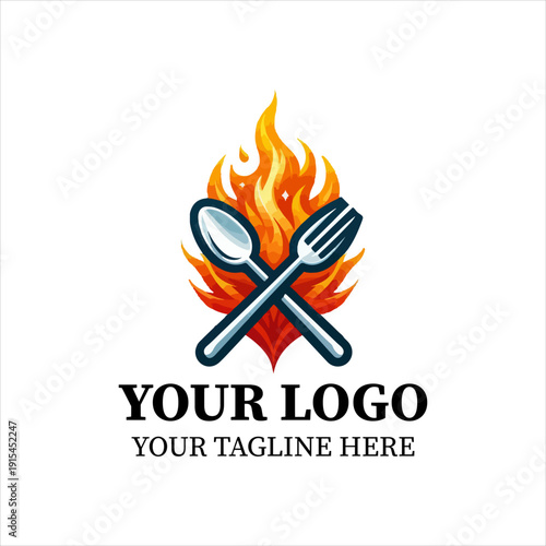 Fire Spoon and Fork Logo Vector – Modern BBQ Restaurant Flame Cutlery Icon for Culinary Brand Design